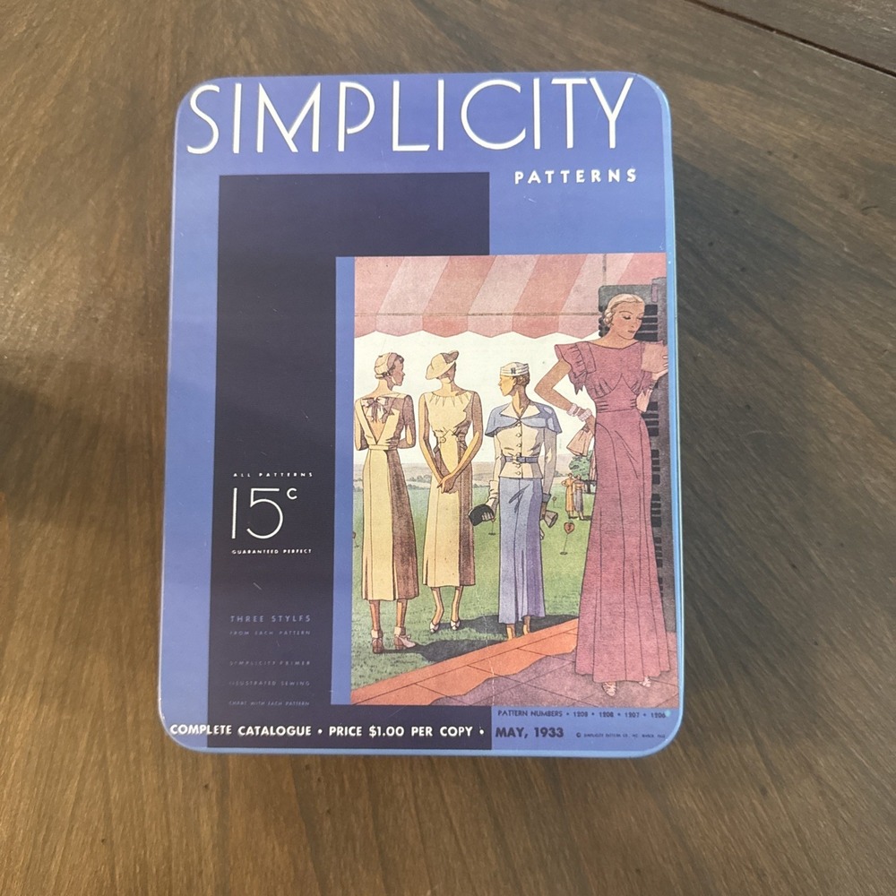 Vintage Simplicity Patterns Rectangular Tin Box 1988 Blue Oblong 1202M Storage